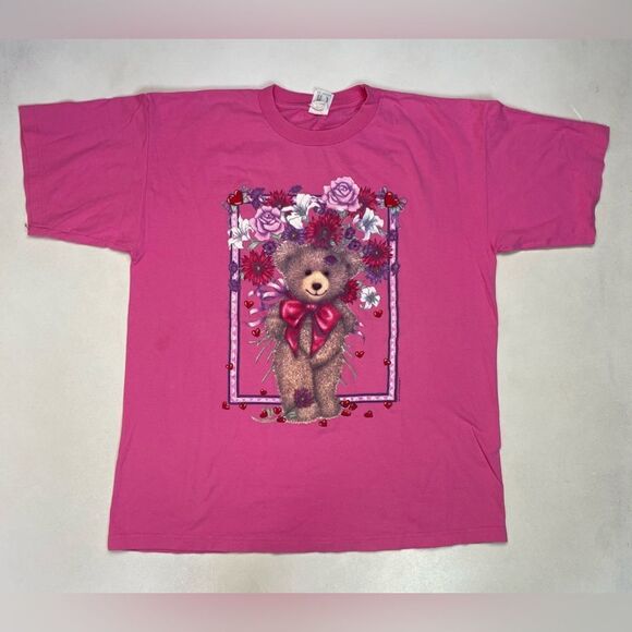 VINTAGE Bear Flower Graphic T-shirt Women XL Pink Short Sleeve - Picture 1 of 7